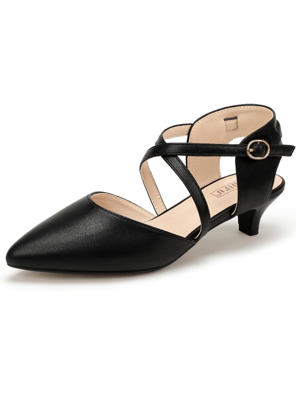 Women's Black Classic Comfortable Pointed Toe Ankle Strap Kitten Low Heels Shoes